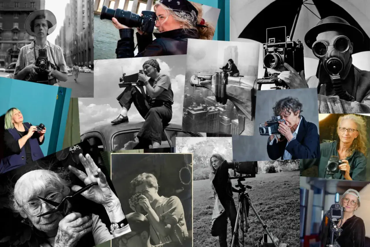 Collage di fotografe donne famose con macchine fotografiche d'epoca e moderne.