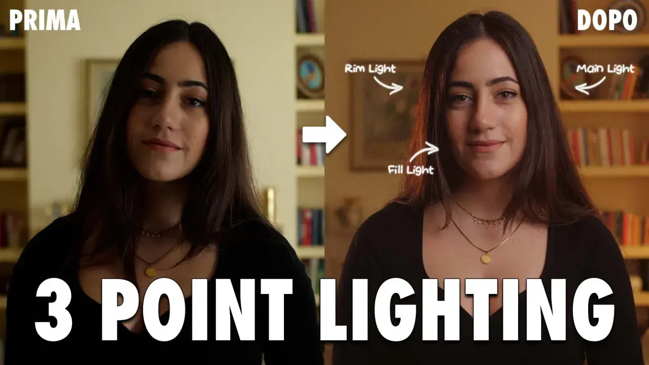 Prima e dopo: una ragazza illuminata con 3 punti luce. Il fill light ammorbidisce le ombre, creando un effetto più professionale.