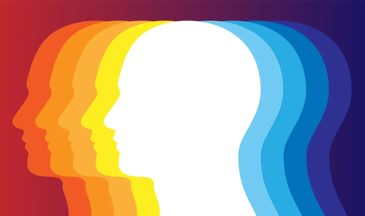 Sagome di profili umani in sequenza, dal rosso al blu, suggeriscono un'evoluzione o un cambiamento. I colori desaturati significato in questo contesto potrebbero rappresentare un percorso interiore.