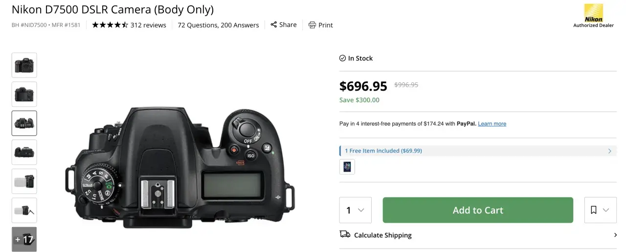 Nikon D7500 DSLR, vista dall'alto, con dettagli sui controlli e le nikon d7500 caratteristiche. Prezzo scontato.