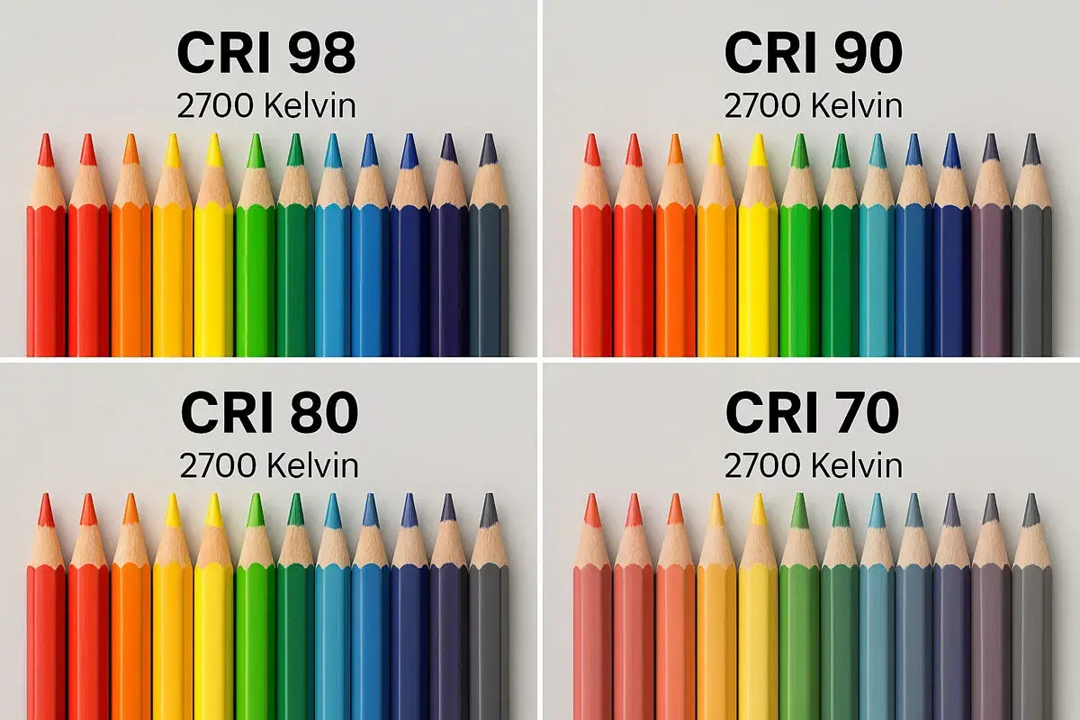 Confronto del colore luce led con matite colorate a 2700 Kelvin, mostrando come il CRI influenzi la resa cromatica.