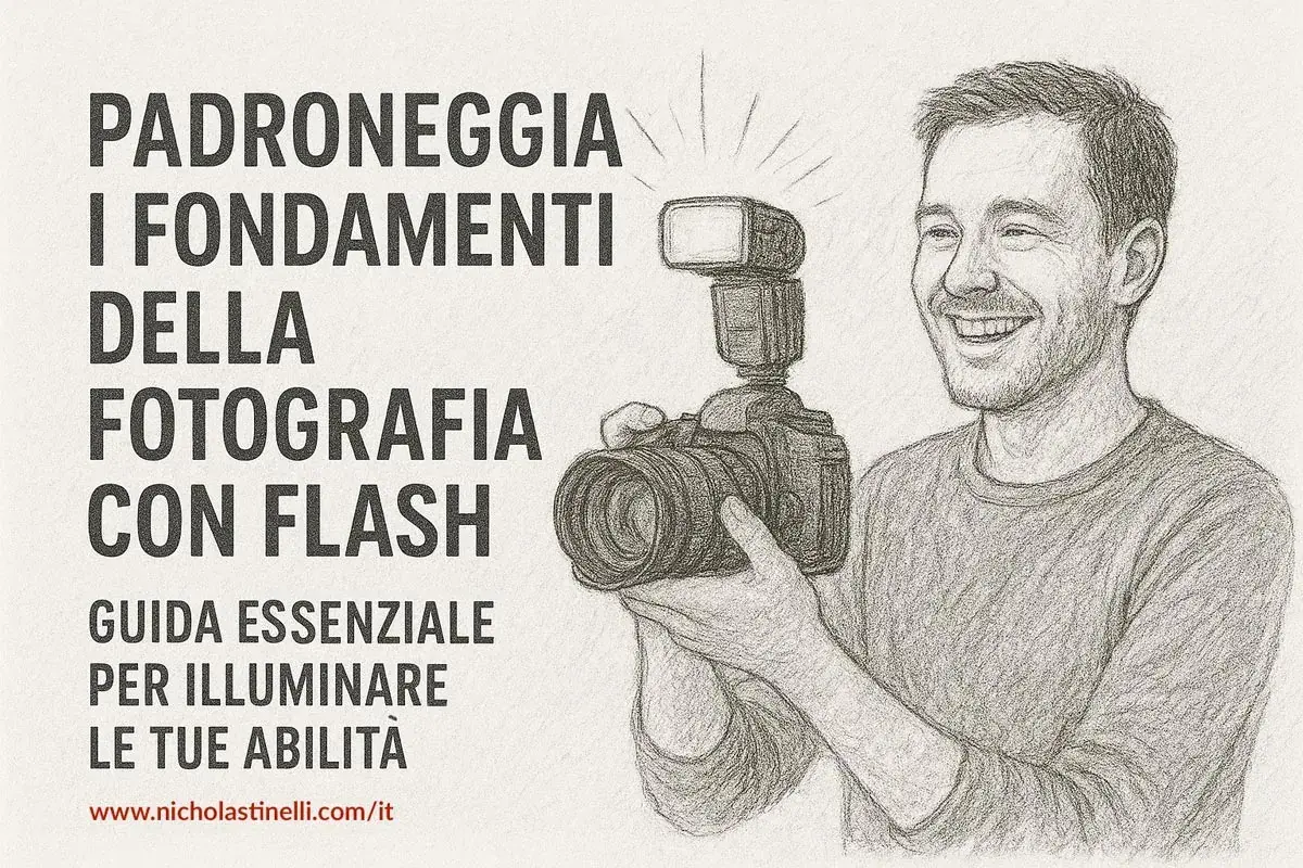 Guida essenziale per imparare come usare il flash in manuale. Un fotografo sorridente tiene una fotocamera con flash.