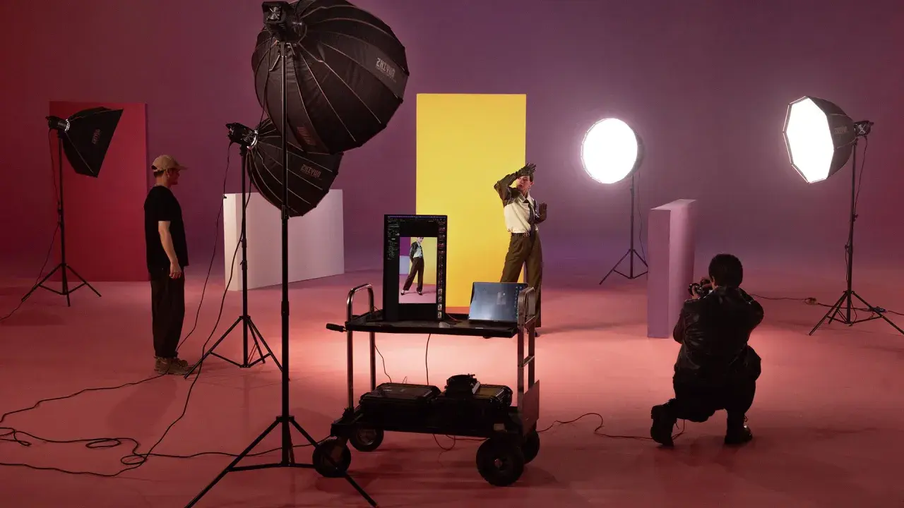 Nel set fotografico, una silhouette posa davanti a un pannello giallo. Luci e attrezzature creano un'atmosfera da studio.