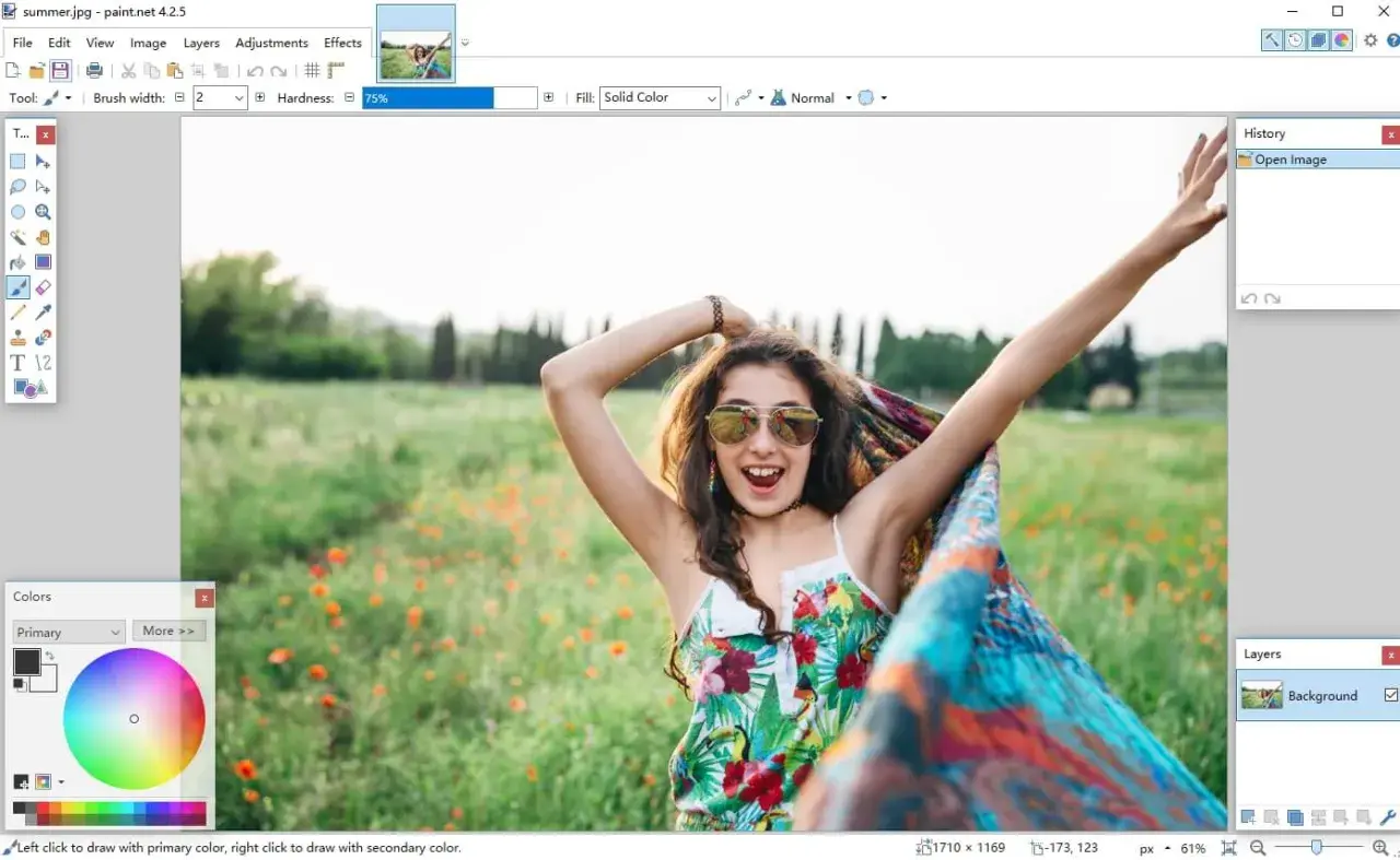 Interfaccia di programmi foto con una ragazza sorridente in un campo fiorito.