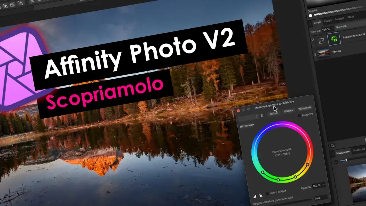 Scopriamo Affinity Photo V2 con la maschera gamma tonalità live. Un paesaggio montano riflesso in un lago fa da sfondo.