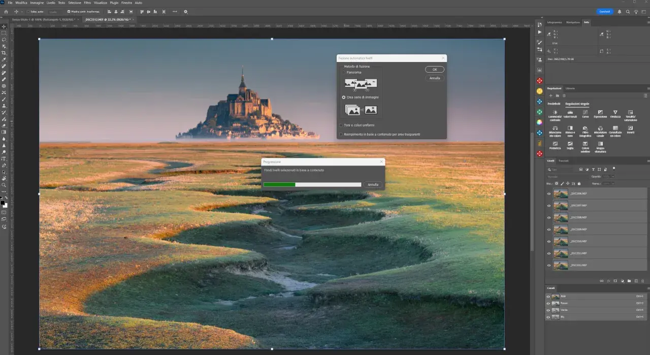 Software per focus stacking in azione: Photoshop fonde livelli per un'immagine nitida.