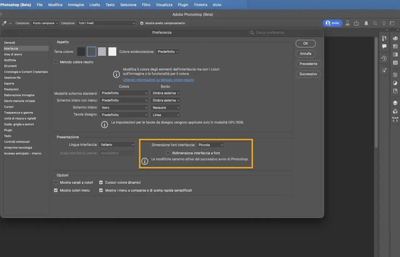 Preferenze di Photoshop: imposta la dimensione del font dell'interfaccia. Modificare testo già scritto è facile con queste opzioni.