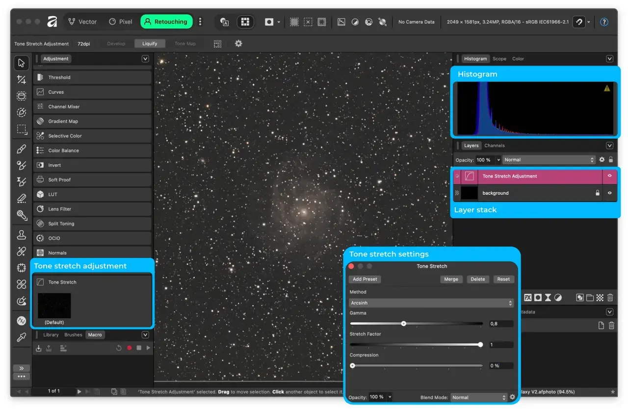 Interfaccia di Affinity Photo con strumento "Tone Stretch Adjustment" attivo, utile per una recensione dettagliata.