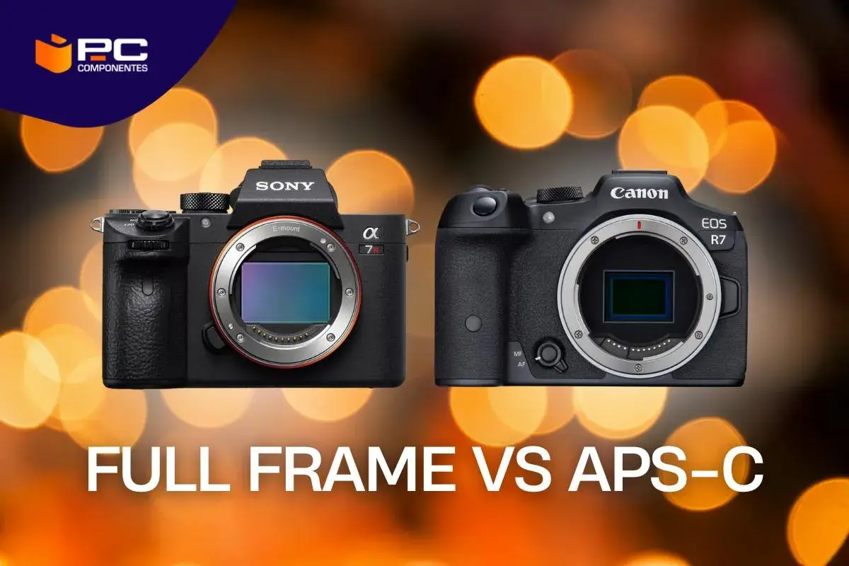 Confronto tra fotocamere Sony full frame e Canon APS-C, con sensori a vista e sfondo bokeh.