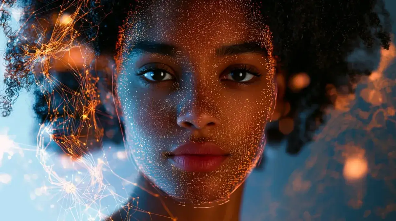 Volto di donna con rete luminosa arancione che la avvolge, come se fosse catturata dalla ai fotocamera.