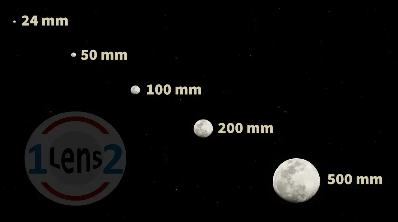 La luna appare sempre più grande con obiettivi da 24mm, 50mm, 100mm, 200mm e 500mm, mostrando l'effetto della focale per fotografare la luna.