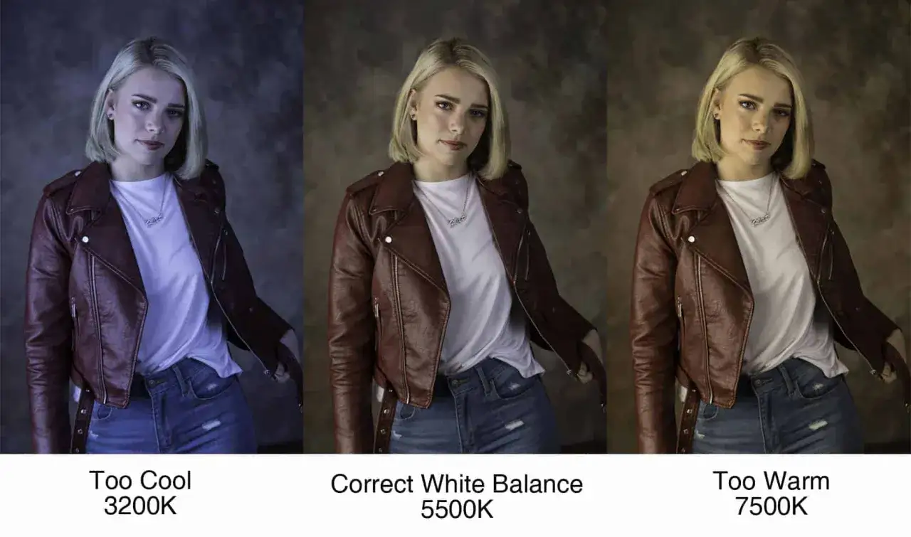 La ragazza con giacca di pelle mostra il significato AWB (bilanciamento del bianco): troppo freddo, corretto e troppo caldo.