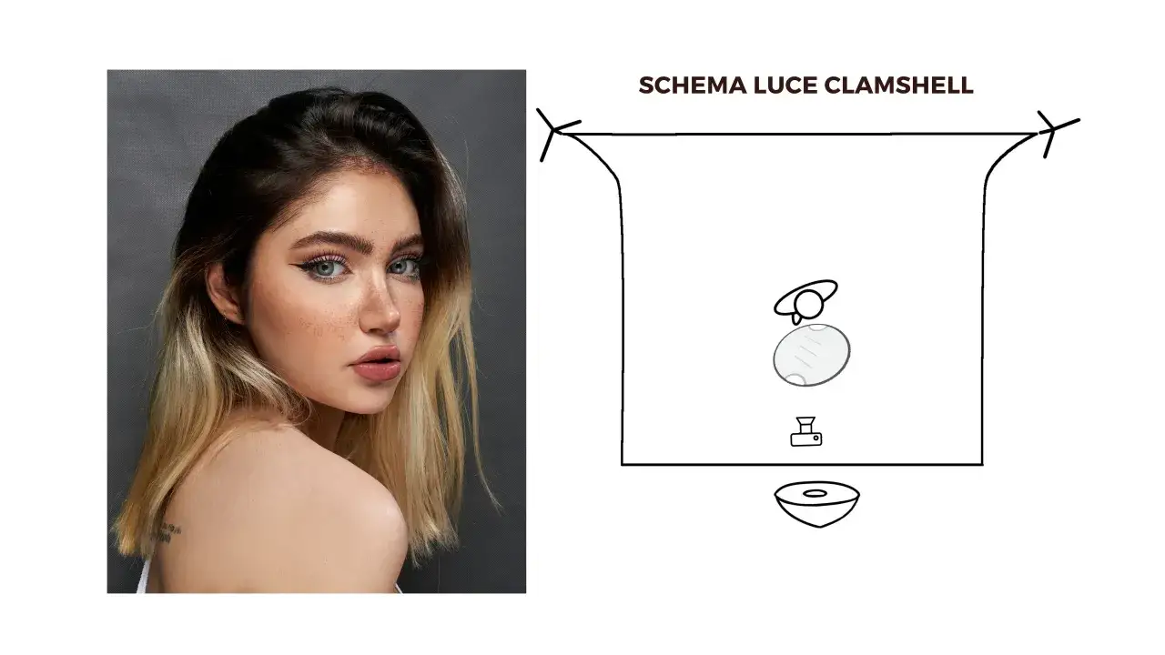 Ritratto di donna con schema luce clamshell per imparare come fare una foto professionale.