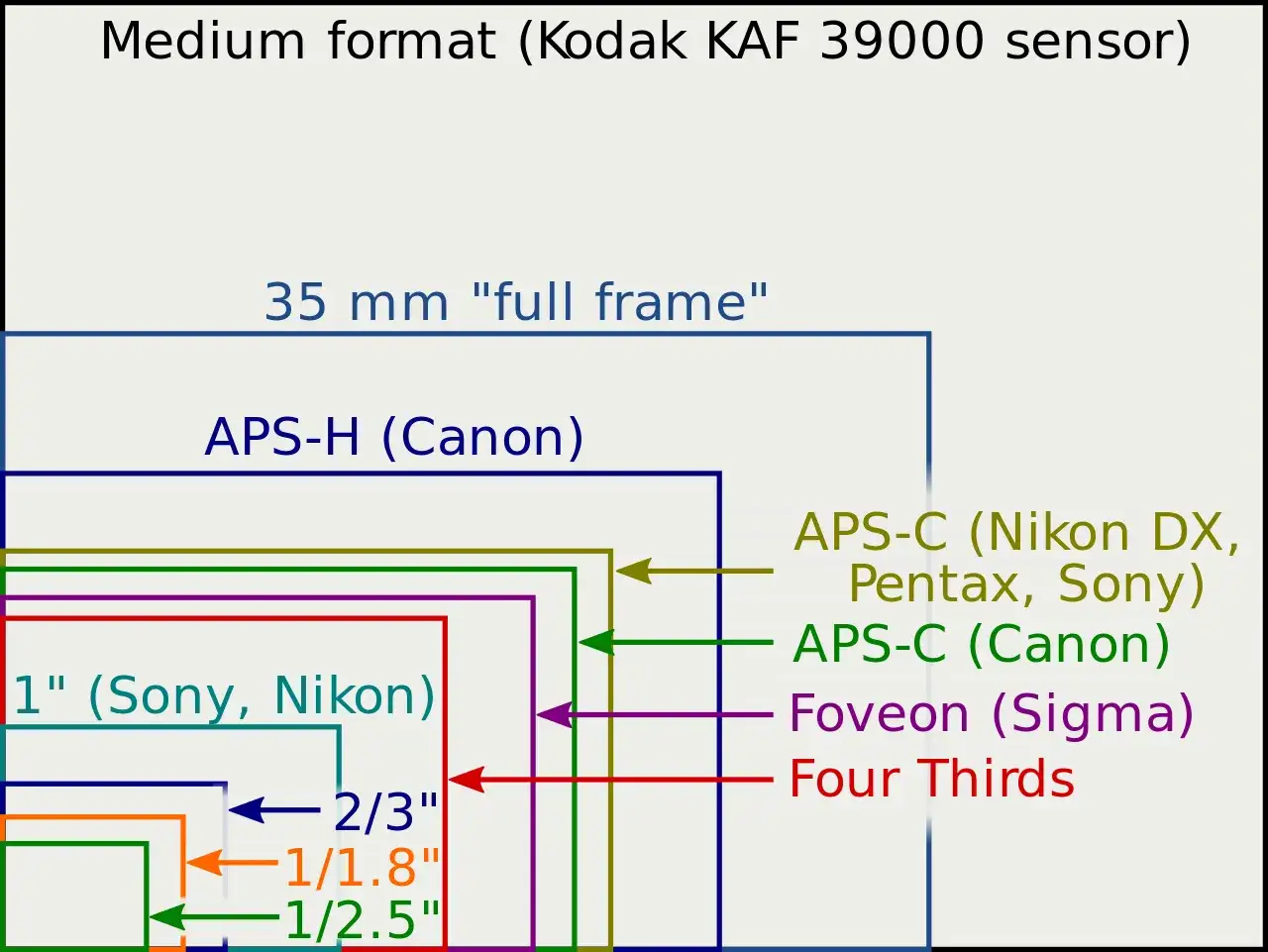 Confronto dimensioni sensori fotocamere: dal medio formato al 1/2.5