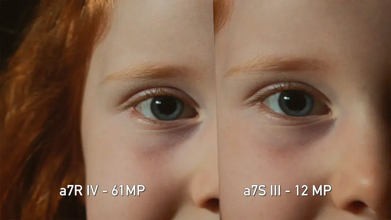 Confronto tra reflex e smartphone: dettaglio occhio di bambino, a sinistra a7R IV (61MP), a destra a7S III (12MP).