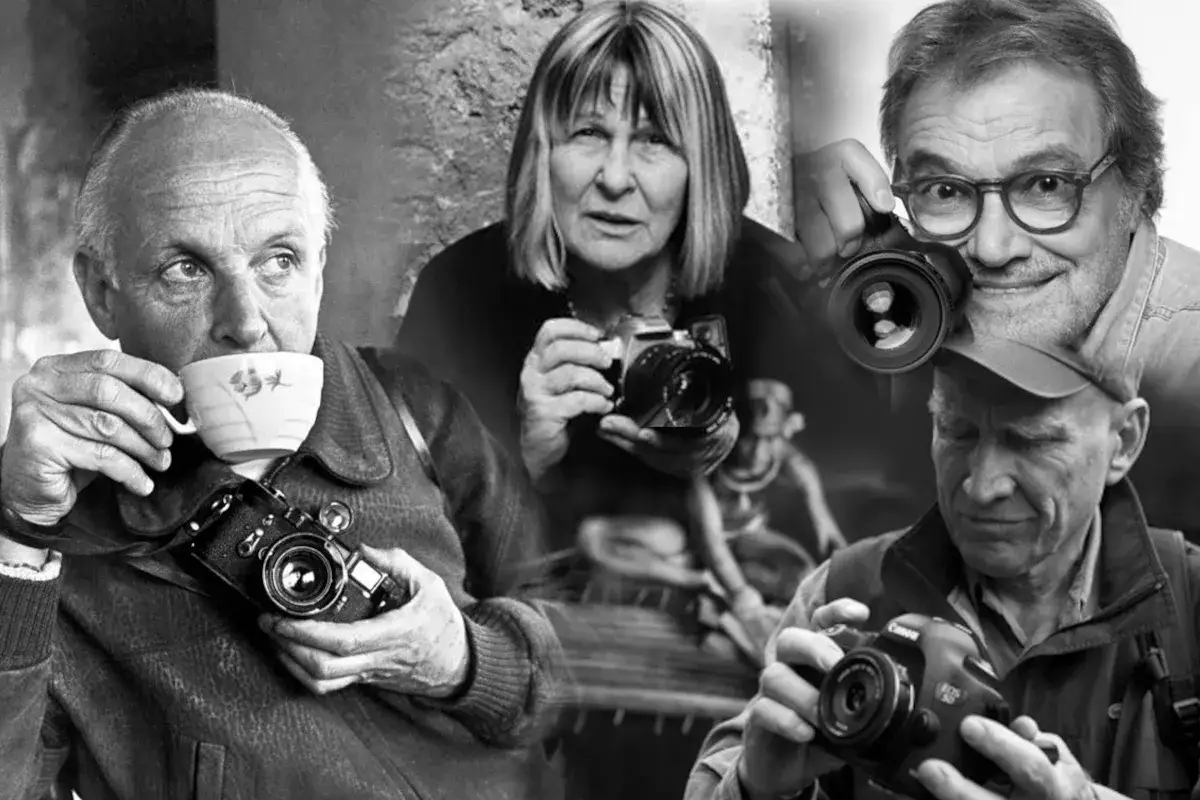 Collage di volti di fotografi, tra cui un noto fotografo italiano, con macchine fotografiche.