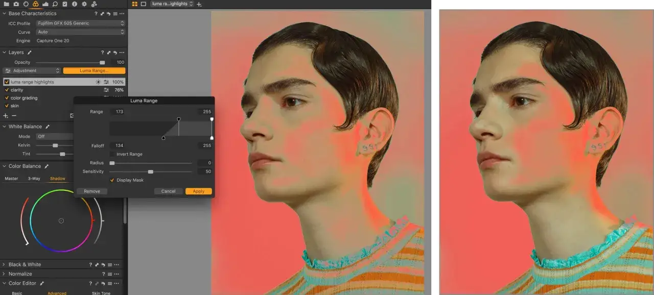 Confronto tra camera raw e Lightroom: editing di un ritratto con maschera Luma Range per le alte luci.