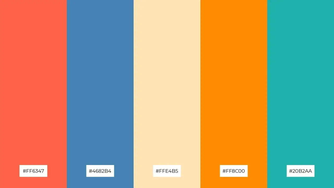 Cinque bande verticali di colore: corallo, blu, crema, arancione brillante e turchese. L'arancione &egrave; un colore complementare vibrante.