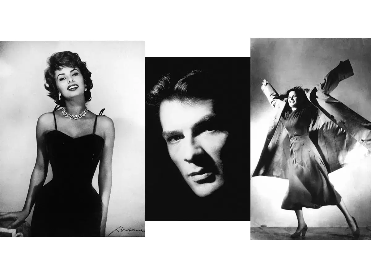 Ritratto di Elio Luxardo: Sophia Loren in abito nero, un primo piano intenso e una donna in posa dinamica.