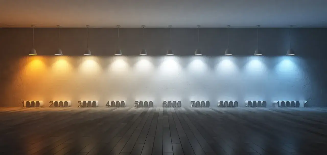 Dieci lampade illuminano una parete, mostrando la progressione della luce da calda a fredda, dal giallo al blu. Il loro significato è la luce daylight, che cambia con i Kelvin.