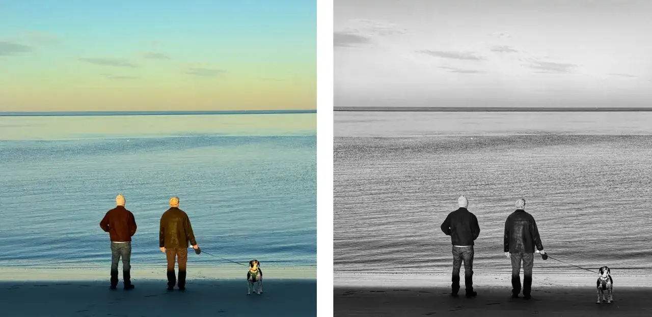 Due uomini e un cane sulla spiaggia, uno scatto in bianco nero e colore.
