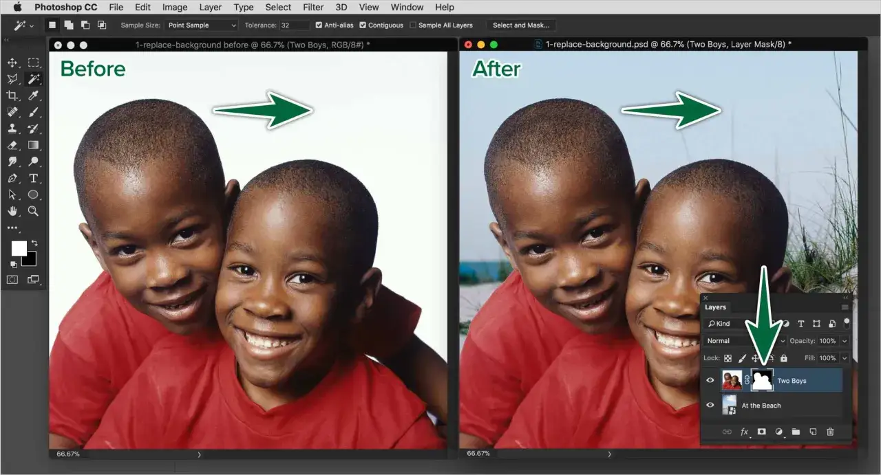 Due immagini affiancate mostrano un prima e dopo di un'elaborazione in formato Photoshop. A sinistra, due ragazzi sorridono su sfondo bianco. A destra, lo stesso scatto con uno sfondo marino, evidenziando il cambio.