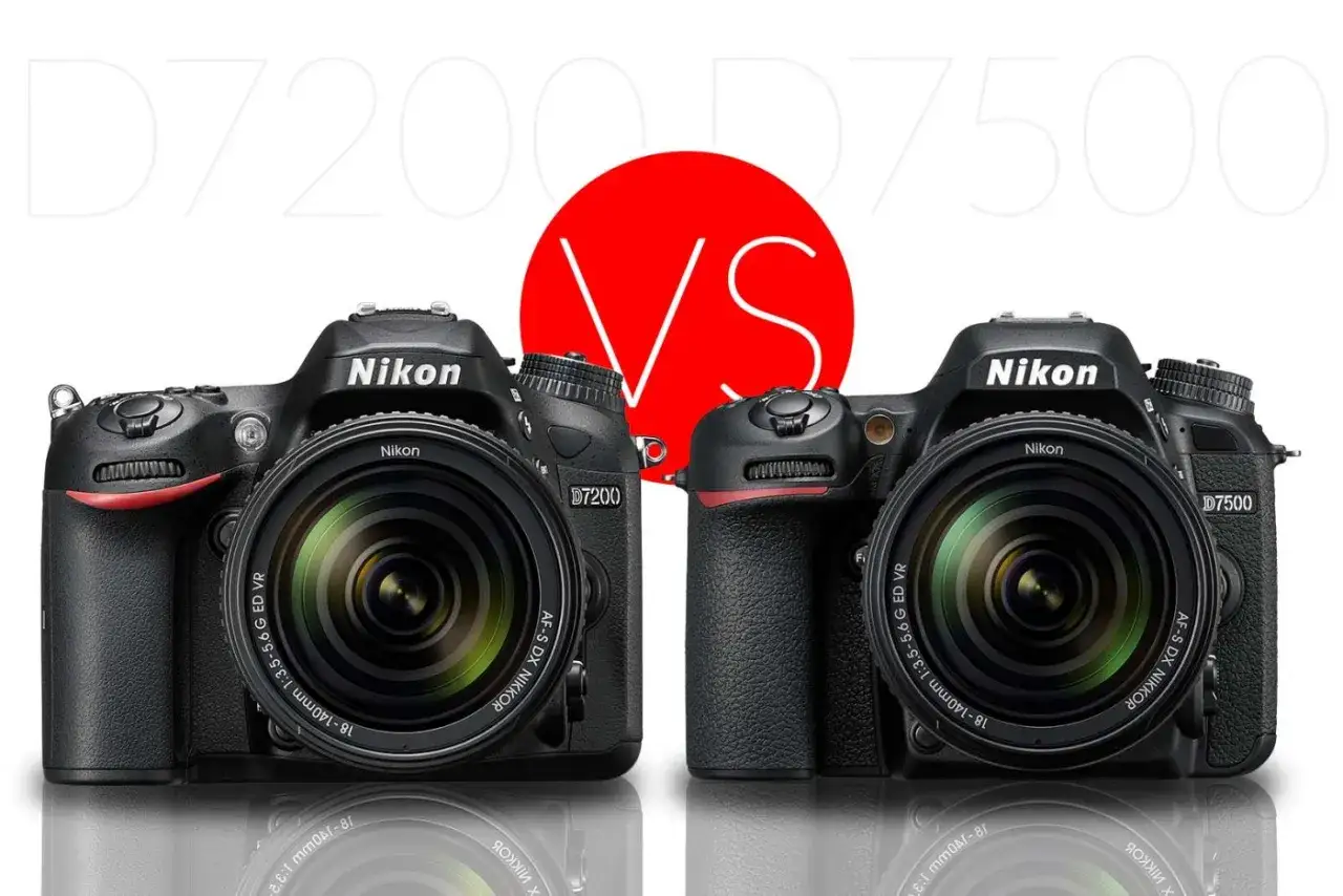 Due fotocamere Nikon D7200 e D7500 affiancate, con un grande cerchio rosso con