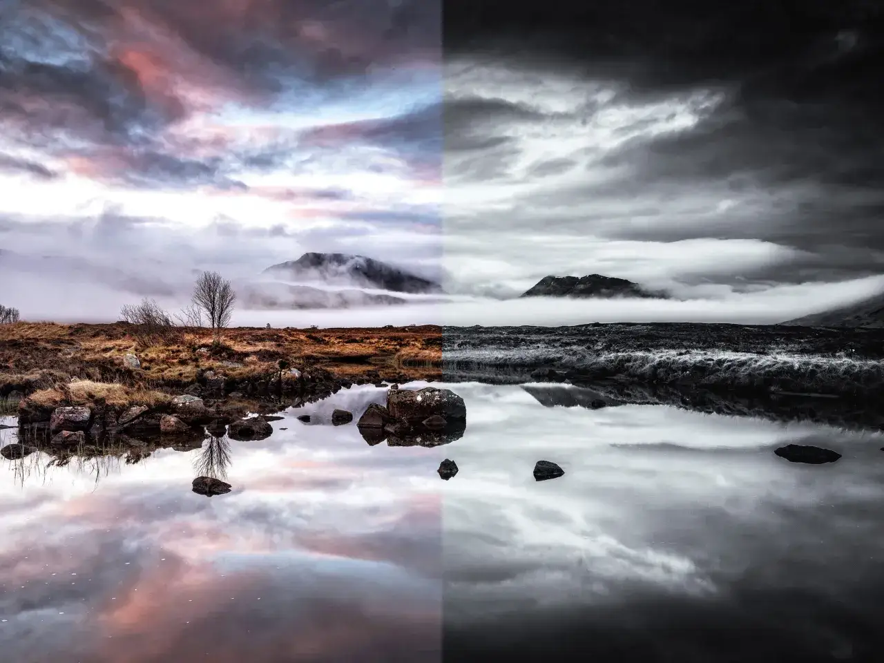 Paesaggio scozzese diviso: a sinistra, colori caldi e cielo rosato; a destra, bianco nero e drammatiche nuvole.