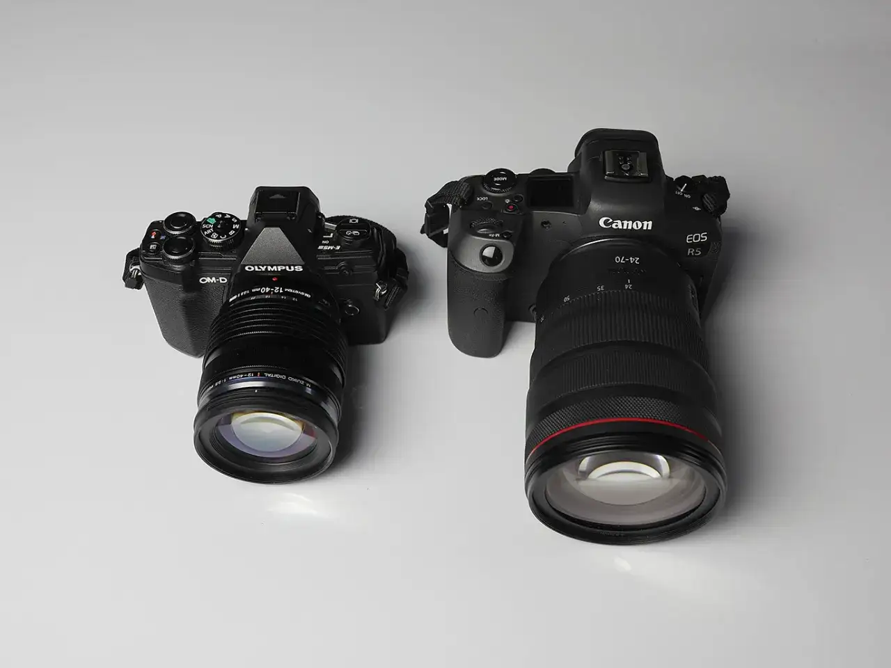 Olympus OM-D e-m1 Mark III e Canon EOS R5, due fotocamere a confronto. La prima, compatta, usa il sistema micro quattro terzi, la seconda è full frame.