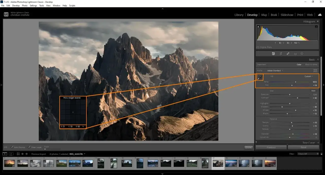 Impostazione del bilanciamento del bianco in Lightroom per la color grading fotografia.