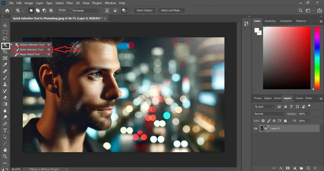Interfaccia di Photoshop con la selezione rapida evidenziata, pronta per un rapido ritocco.