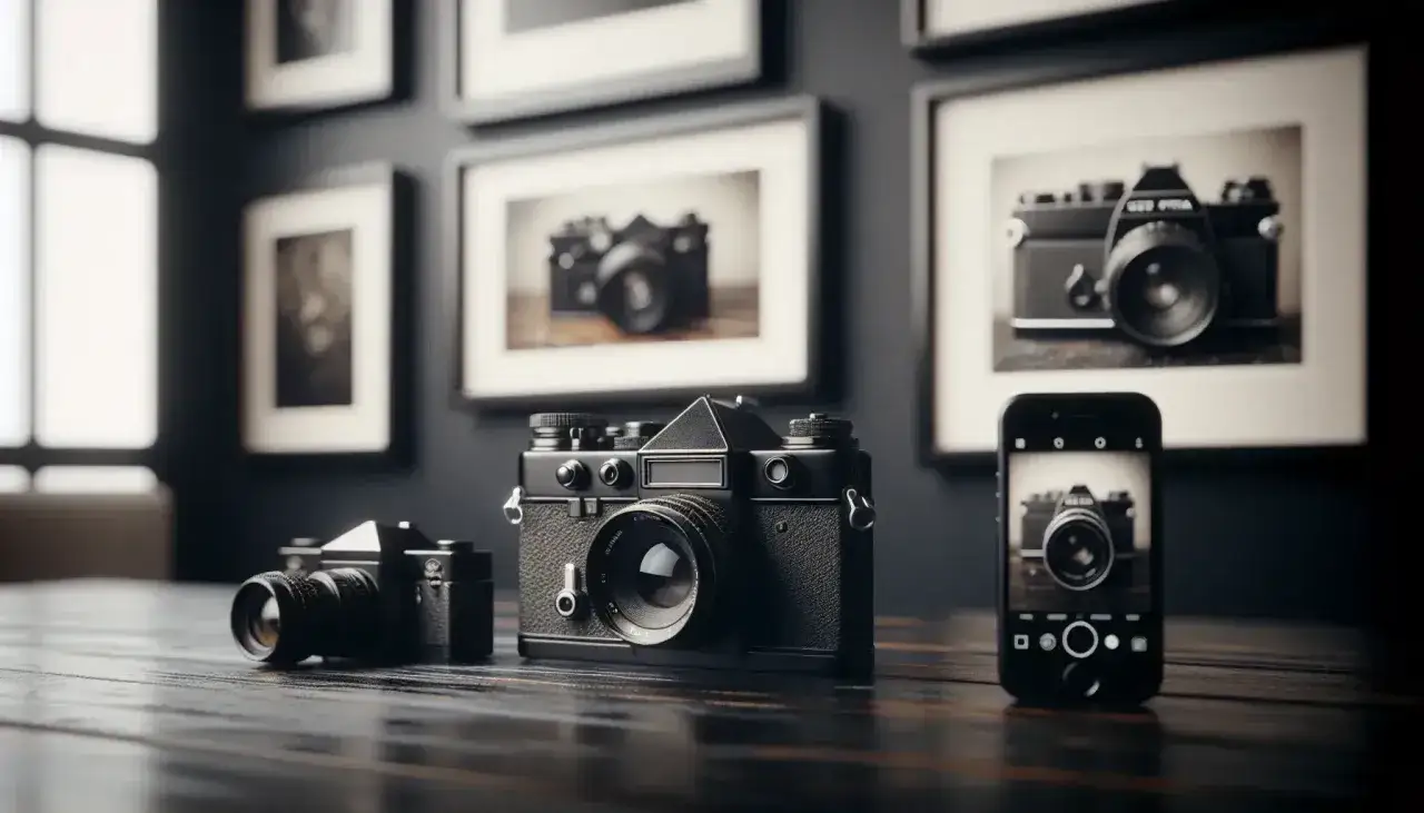 Tre fotocamere, una moderna e due vintage, su un tavolo di legno scuro. Una storia di evoluzione fotografica.