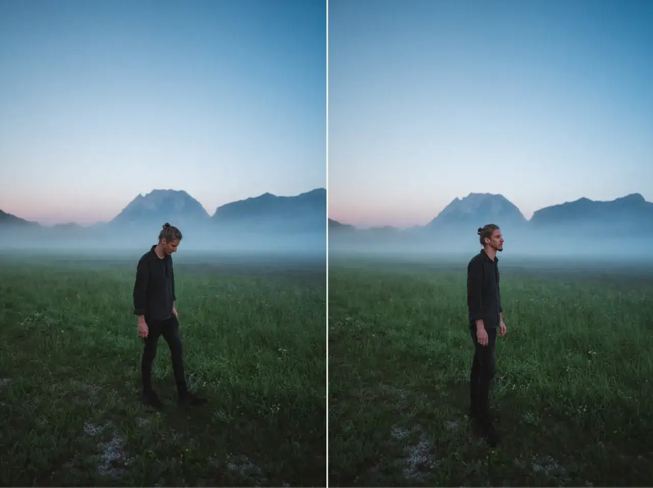 Uomo con chignon in un prato nebbioso, montagne sullo sfondo. L'angolo visivo cattura la quiete dell'alba.