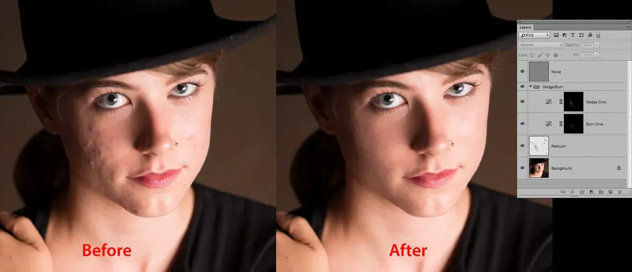 Ritratto di ragazza con cappello nero, prima e dopo foto photoshop. La pelle è stata ritoccata.