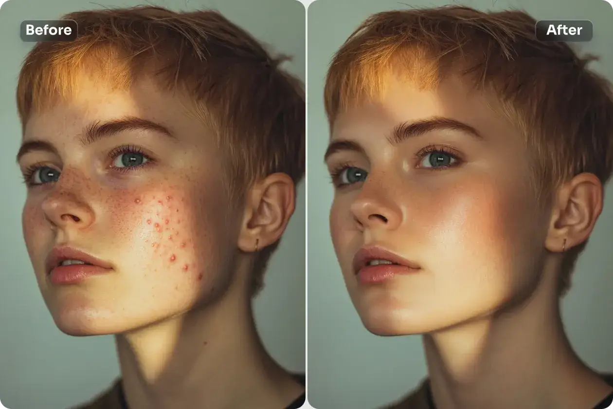 Prima e dopo: un volto con acne trasformato in un volto levigato grazie all'intelligenza artificiale, immagini che mostrano la potenza della tecnologia.