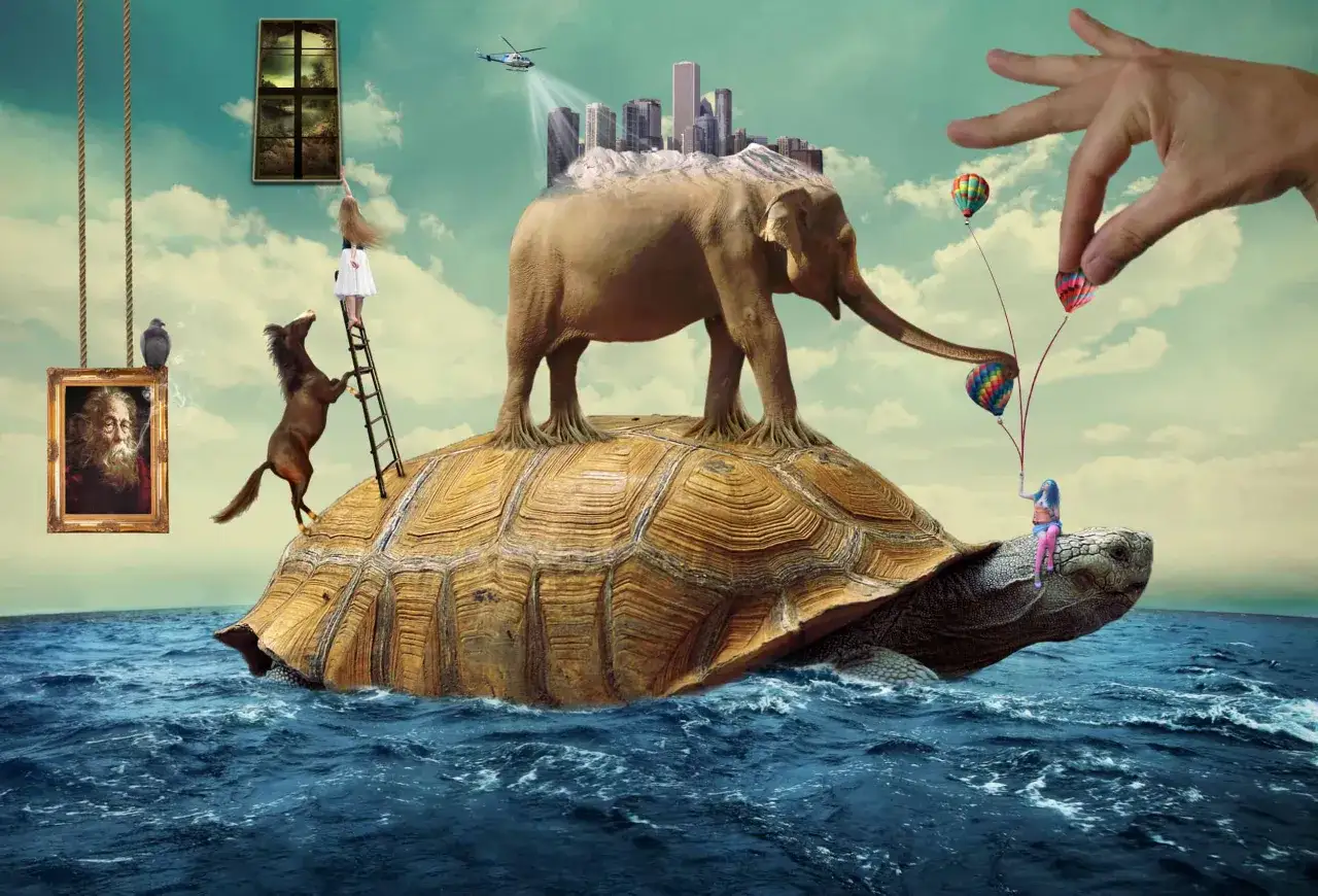 Immagini surreali: una tartaruga gigante solca il mare con un elefante e una città sulla schiena. Un cavallo, una bambina e mongolfiere completano la scena onirica.