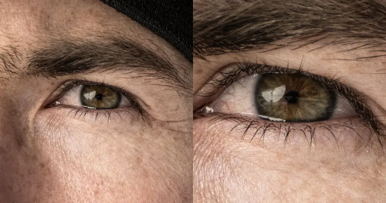 Occhi verdi dettagliati, con texture della pelle visibile. L'effetto photoshop super resolution rende ogni poro e ciglia incredibilmente nitidi.