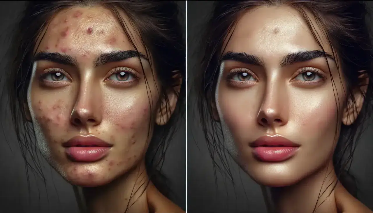 Prima e dopo: un volto con acne viene trasformato per eliminare imperfezioni foto, mostrando una pelle liscia e radiosa.
