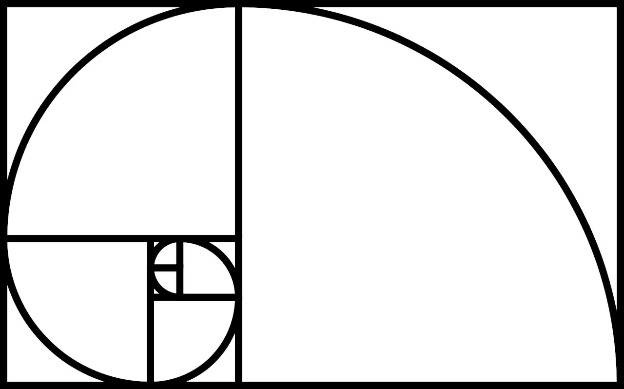 Spirale della sezione aurea, un disegno geometrico che illustra la zona aurea e la sequenza di Fibonacci.