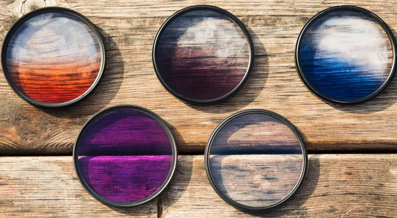 Cinque filtri fotografici colorati (arancione, viola, blu, marrone e trasparente) disposti su un tavolo di legno.