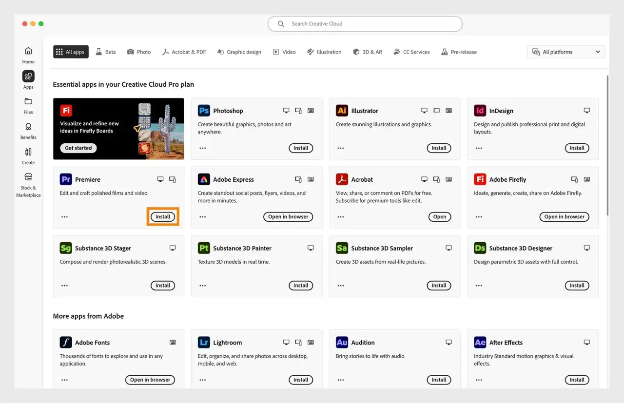 Schermata di Adobe Creative Cloud che mostra come installare Photoshop e altre app.