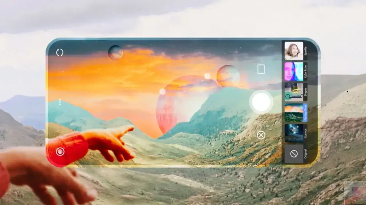 Schermo di uno smartphone con paesaggio alieno e filtri. La fotocamera AI cosa significa? Trasforma la realt&agrave; in mondi fantastici.