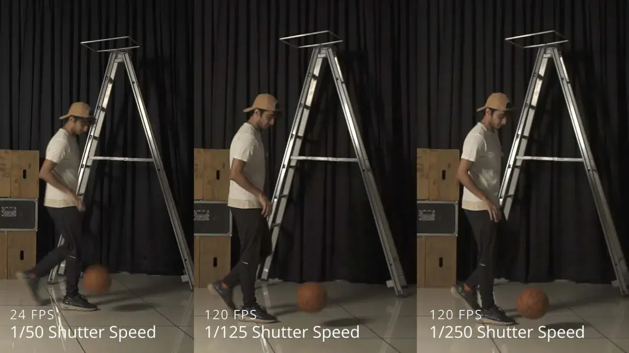 Ragazzo con pallone da basket vicino a una scala, con diverse impostazioni di tempo di scatto: 1/50, 1/125 e 1/250.