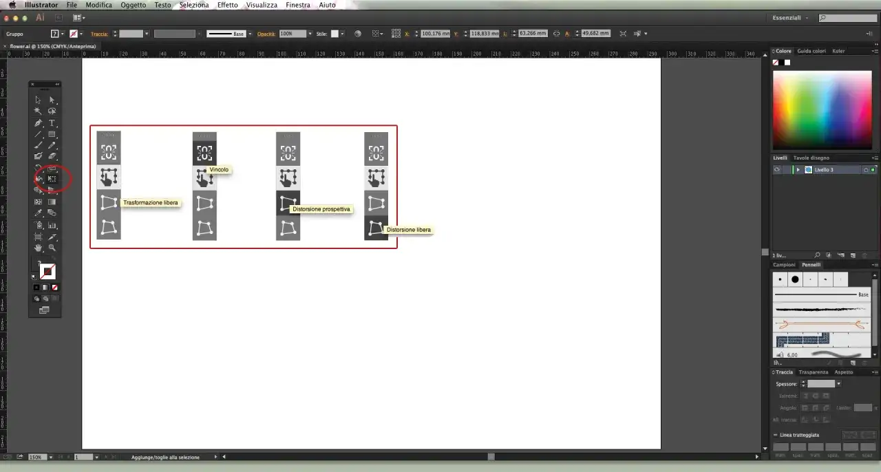 Icone di strumenti di trasformazione libera in Illustrator: Vincolo, Distorsione prospettiva e Distorsione libera.