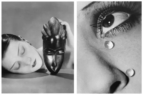 Due immagini in stile solarizzazione man ray: una donna con maschera africana, l'altra un occhio con gocce.
